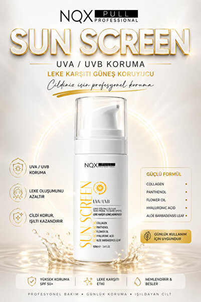 NQX PULL PROFESSIONAL Güneş Kremi Spf 50 Faktör Leke Karşıtı, Yüksek Koruma, Tüm Ciltler Için Suya Dayanıklı 100 ml