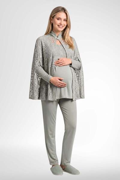 Mecit Pijama Mecit 6402 Elegant Yeşil Dantel Pelerinli Lohusa Pijama Takımı