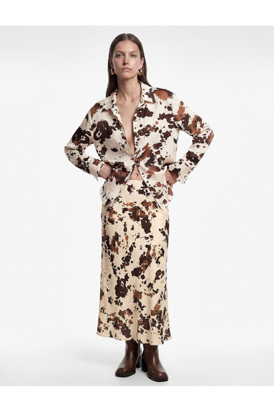Koton Viscose Fabric Abstract Patterned Satin Flared Maxi Skirt