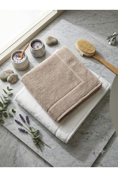 Ercahome tekstil 100% Cotton Set of 2 Foot Towels in Brown and White