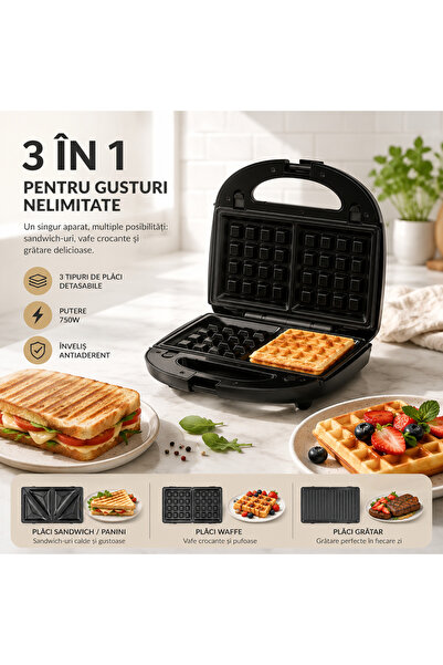 Sofia Concept Sandwich-maker Rubik 30Jvul 3in1,750W, 3 tipuri de placi detasabile, vafe, gratar, panini, culoare negru
