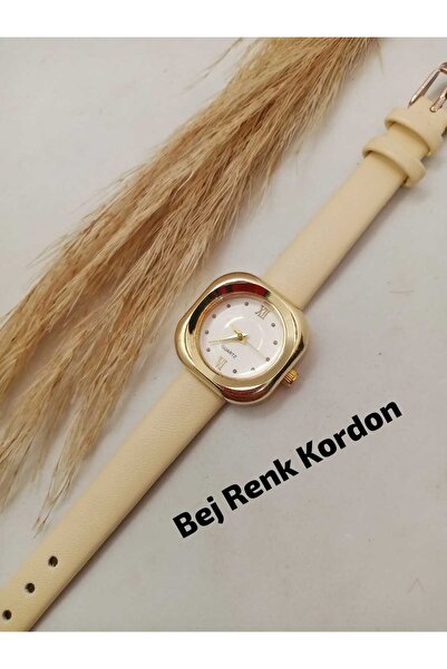 Brality Vintage Tasarım Gold Renk Kasa , MODA Bej Renk Kordon , Retro Beyaz R...