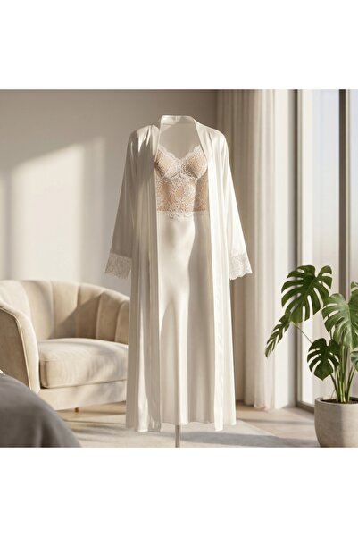 Lady Lingerie طقم قميص نوم وروب نسائي من الساتان - فستان طويل مع تطريز دانتيل...
