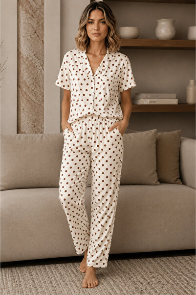 HELMİRA Women's Cream Patterned Milan Knitted Short Sleeve Women's Pajama Set...