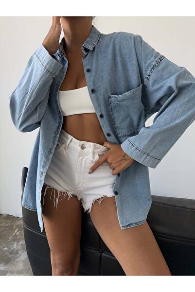 HerTon Oversize Kot Gömlek Tek Cepli Salaş Kesim Lıkralı Denim Gömlek
