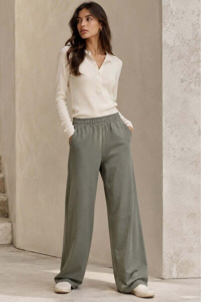 Madmext Khaki Elastic Waist High Waist Spanish Leg Knitwear Tracksuit Mg2211