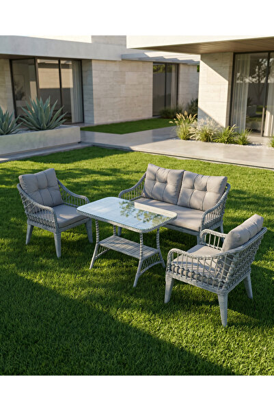 Tu Tienda KAŞ ALÜMİNYUM 2+1+1+SEHPA BAHÇE BALKON MOBİLYASI,GRİ RATTAN/GRİKUMAŞ