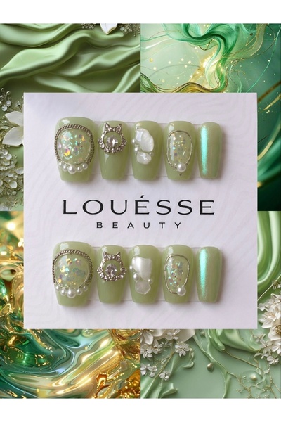 Louesse Beauty LOUÉSSE BEAUTY El Yapımı Takma Tırnak Yeşil Taşlı İnci Detaylı...