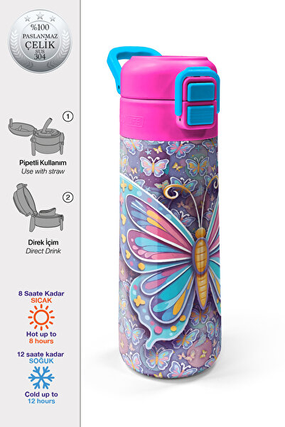 Coral High Kids Pastel Colored Butterfly Patterned Thermos with Straw and Dir...