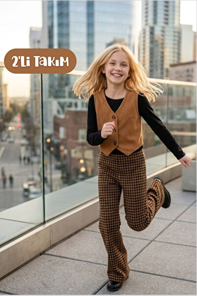 Hilal Akıncı Kids Girl's Cashmere Vest and Houndstooth Patterned Trousers 2-P...