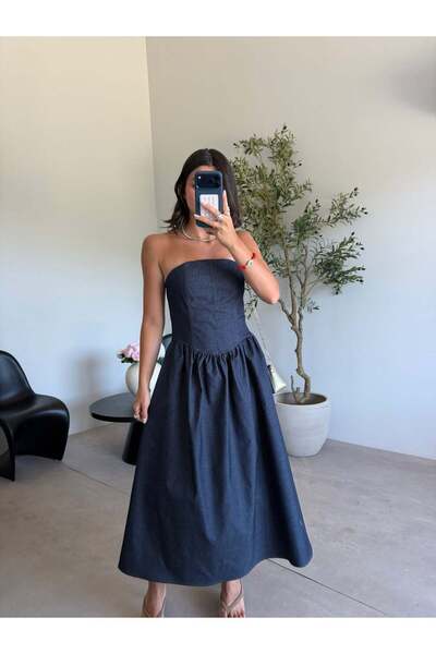 Bade Butik Navy Blue Strapless Denim Dress