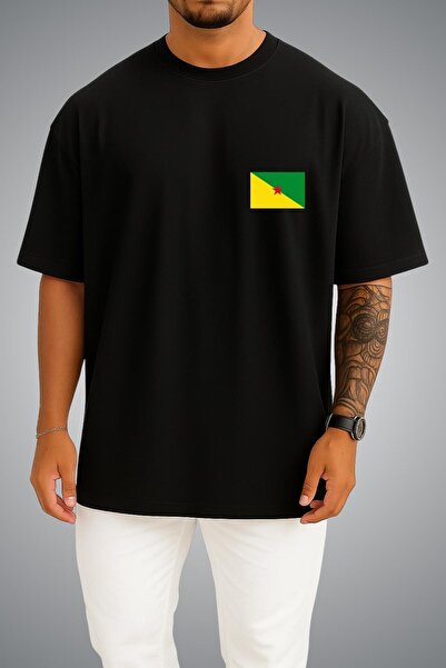 Bahriyeli Collection Oversize French Guiana Flag Pocket Printed Unisex T-Shirt
