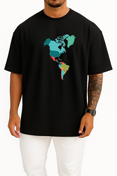 Bahriyeli Collection Oversize Unisex T-Shirt with Map of the American Contine...