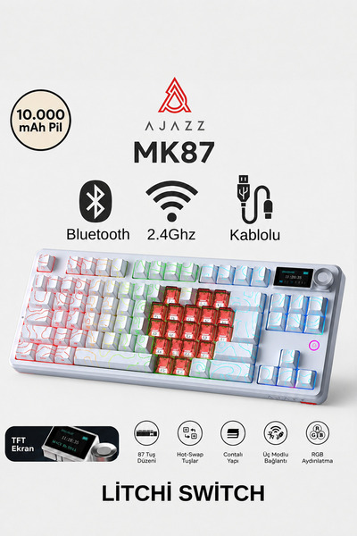 Ajazz MK87 Litchi Switch 10.000 Mah Batarya RGB Mekanik Oyun Klavyesi-TFT Ekr...