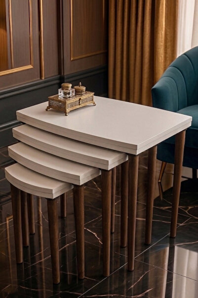 brahimigold Modern Tasarımlı MDF 4’lü Beyaz Zigon Sehpa Takımı – Ahşap Ayaklı, Dayanıklı Salon Yan Sehpa