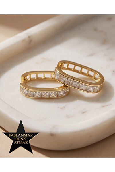 XUPING JEWELRY Xuping 14K Altın Renginde Kristal Taşlı Oval Kadın Küpe