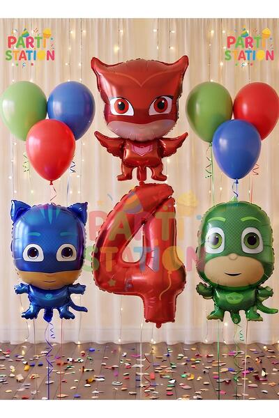 Parti Station Pijamaskeliler 4 Yaş Kırmızı Rakam Balon Set Pjmasks Konsept Ba...