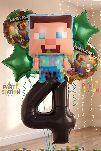 Parti Station Minecraft Balon 4 Yaş Doğum Günü Set Minecraft Konsept Yıldız B...