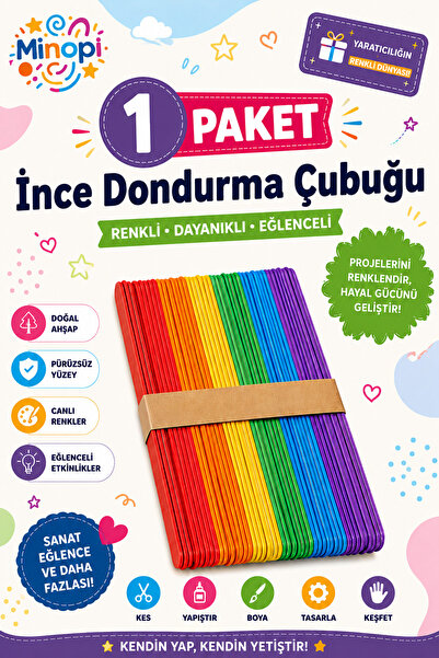 Minopi 1 Paket Renkli İnce Dondurma Çubuğu Paketi 50'li Abeslang Tahta Dil Çu...