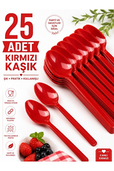 troykar 25 Adet Kırmızı Renk LÜX SERT PLASTİK Kaşık (18 Cm) Parti Doğum Günü ...