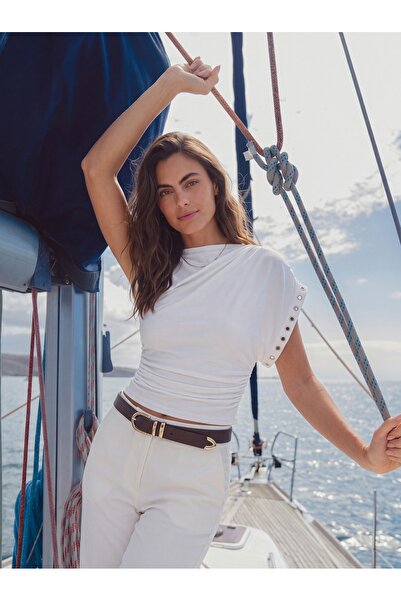 ONLOOX White Stretchy Fabric Boat Neck Draped Blouse with Side Gathered Eyele...