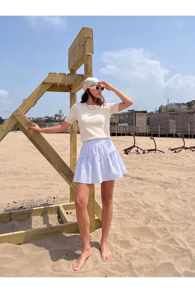 ONLOOX White Blue Cotton Elastic Waist Striped Patterned Mini Skirt with Bow ...