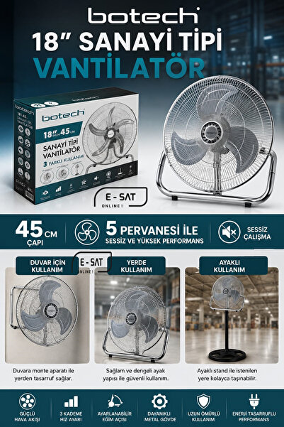 Botech 18 Inch 45 Cm Sanayi Tipi Yeni Nesil Vantilatör 3 Farklı Kullanım Sağlar