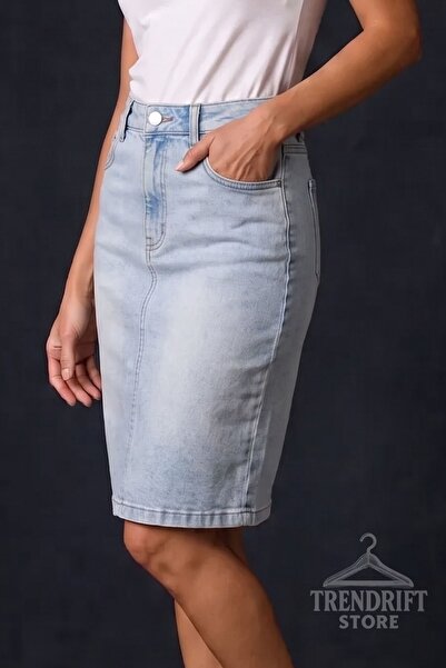Trendrift Store Yüksek Bel Kot Etek Kadın – Arkadan Yırtmaçlı Midi Boy Denim ...