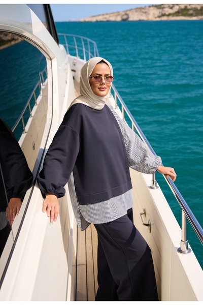 ASEL FASHİON Women's Modest Set Line Two-Piece Shirt Set Dark Gray