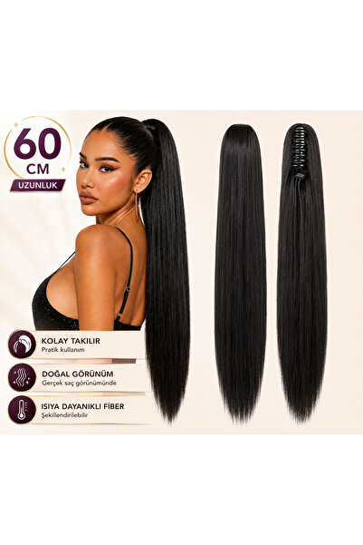 NeednStore Kadın Siyah 60 cm Tokalı Düz At Kuyruğu Postiş - 1. Kalite Fiber S...