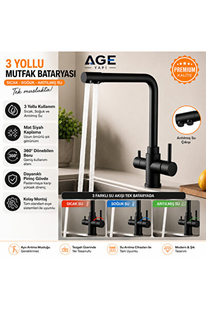 Genel Markalar Arıtma Çıkışlı 3 Yollu Musluk Lüx Mutfak Eviye Bataryası
