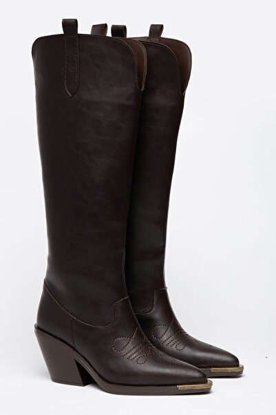 DENORA Bitter Brown Matte Leather Metal Toe Flat Knee-Length Western Cowboy B...