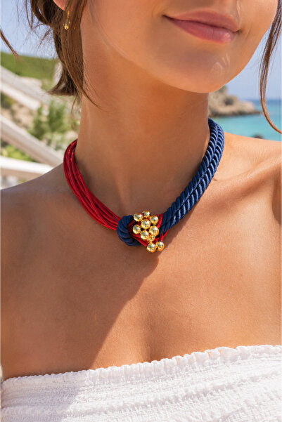 Kutcha Accessories Kırmızı Lacivert Gold Tasarım Boncuklu Kolye