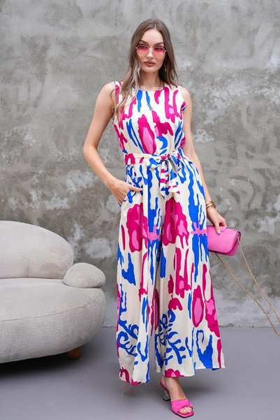 ŞİMAL Women's Patterned Sleeveless Belted Jumpsuit 250587 -