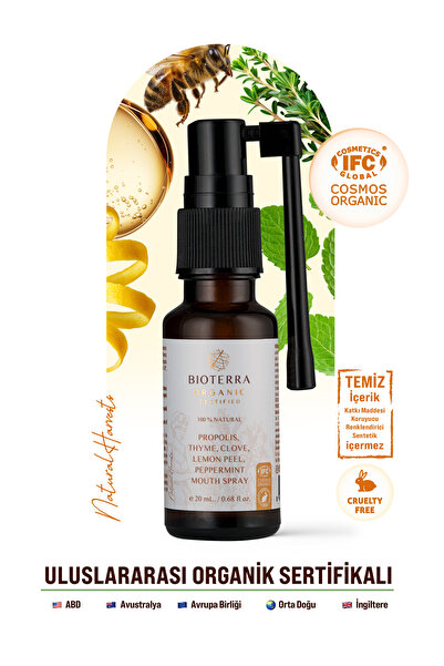 Bioterra Organik Propolis, Kekik, Karanfil, Nane, Limon Yağlı Doğal Boğaz Spr...