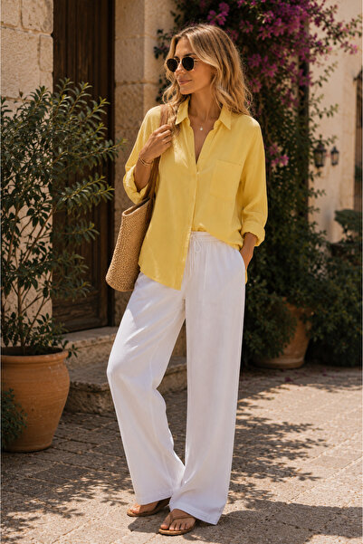Modabenna Yellow Oversized Summer Cotton Linen Shirt Pocketed Trendy Loose Fit Drop Shoulder Women