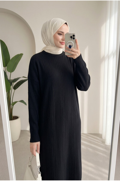 Lintersia Women's Black Ribbed Loose Knitwear Dress Suitable for Wearing with...