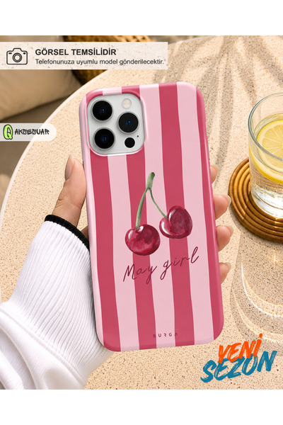 Q Aksesuar iPhone 12 Pro Max Uyumlu Kiraz Desenli Pembe Çizgili Tasarım Telef...