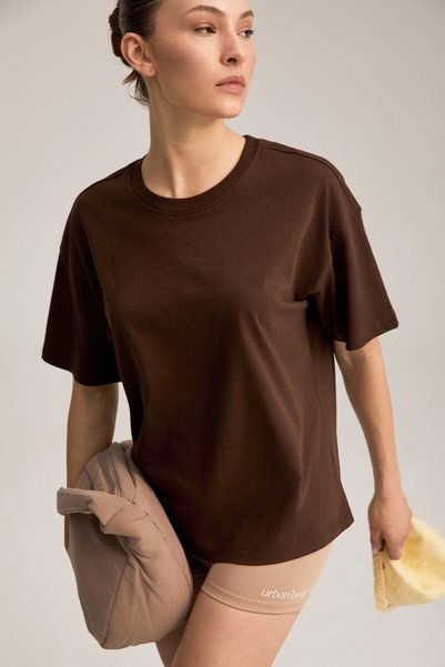 Urban Beat Rielle women's 100% organic cotton thick textured oversize fit round neck brown t-shirt