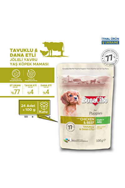 BonaCibo Jöleli Tavuklu Dana Etli Yaş Yavru Köpek Maması, 100 Gr x 24 Adet