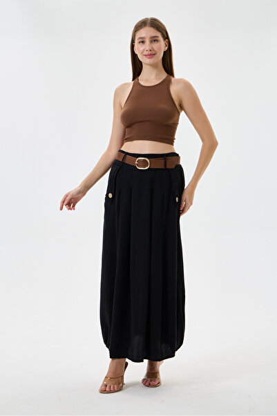 della moor Italian Black Elastic Waist Double Side Pockets Belted Pleated Ten...