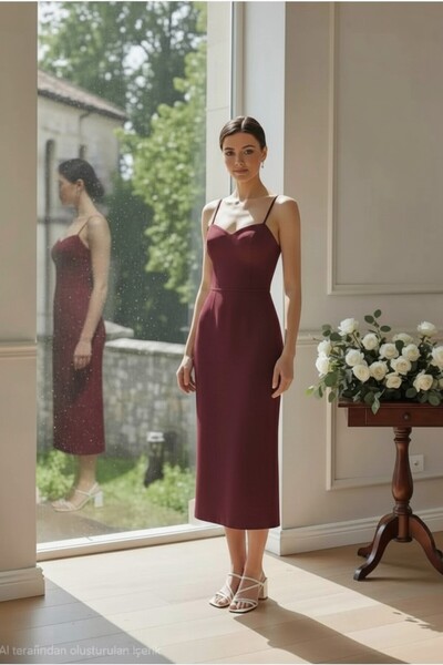 ENDAMIM Sweetheart Neckline Scuba Midi Dress Slim Fit Slit Zipper Wedding Wed...