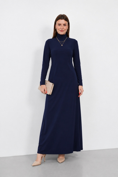 penyebizden Dora Women's Maxi Length Turtleneck Sandy Dress-Navy Blue
