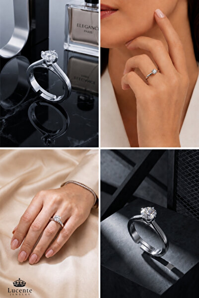 Lucente Jewellery 925 Ayar Evlenme Teklifi Yüzüğü Işıltılı Pırlanta Montürlü Yuvarlak Kesim Tektaş Nişan Evlenme Özel Gümüş Küpe Hediyeli Tek Taş Sevgiliye Evlilik Teklifi İçin Ayarlanabilir Zarif Yüzük