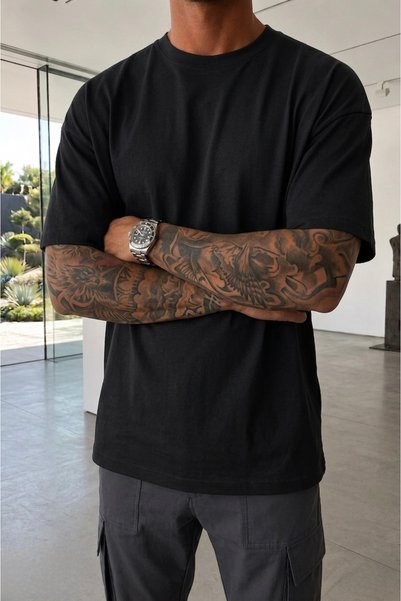 assef Men's 5-Pack Black Oversize Loose Fit Thick Texture 100% Cotton Crew Neck T-Shirt