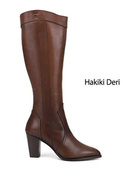 GÖNDERİ(R) Women's Brown Antique Pointed Toe Thick Heeled Genuine Leather Boots