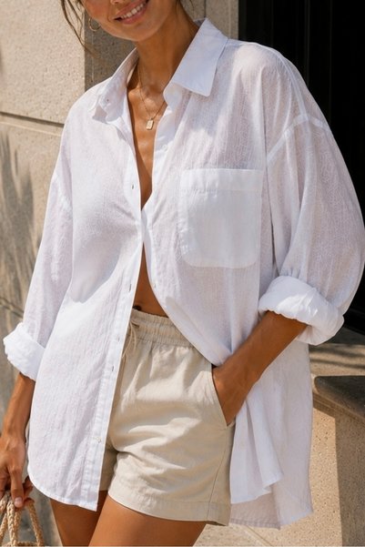 NUDEQUEEN Oversize Linen Textured 100% Cotton Single Pocket Loose Shirt KGT-KU3435