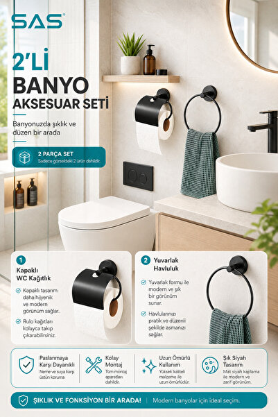Sas Haus 2’li Siyah Banyo Aksesuar Seti Kapaklı Tuvalet Kağıtlığı ve Yuvarlak...