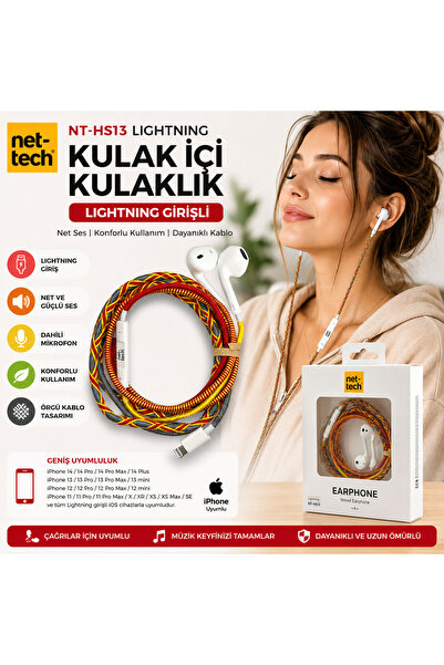 Nettech NT-HS13 Lightning Girişli Kulak İçi Kulaklık – Örgü Kablolu, Mikrofon...