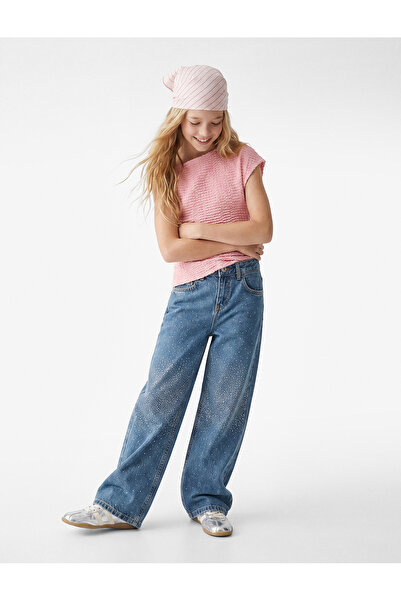 Koton Parıltılı Taş Detaylı Pamuklu Geniş Paça Denim Pantolon
